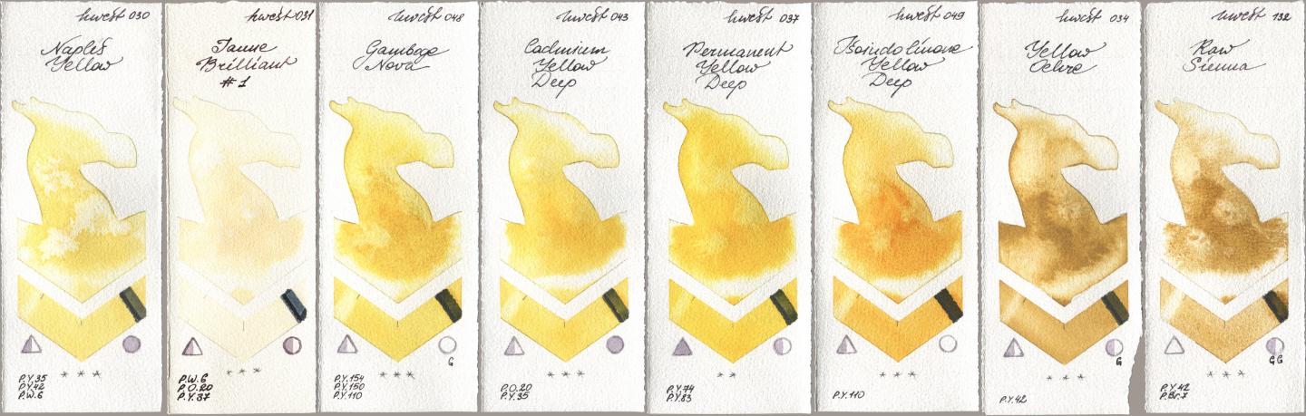 Holbein Artists Watercolor 030 Naples Yellow, 031 Jaune Brilliant No 1, 048 Gamboge Nova, 043 Cadmium Yellow Deep, 037 Permanent Yellow Deep, 049 Isoindolinone Yellow Deep, 034 Yellow Ochre, 132 Raw Sien watercolor swatch