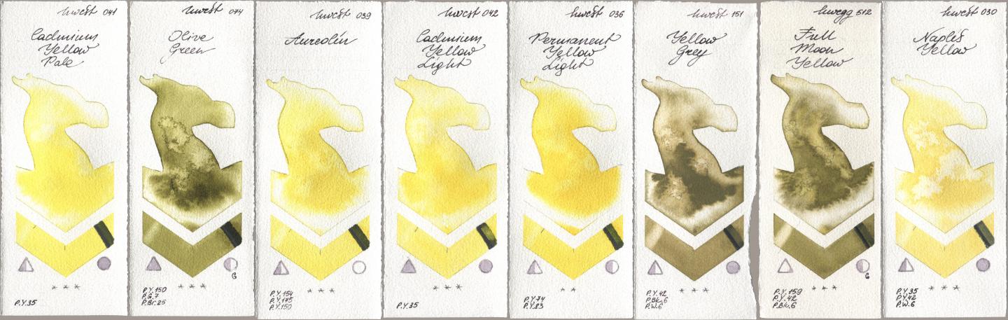 Holbein Artists Watercolor 041 Cadmium Yellow Pale, 074 Olive Green, 039 Aureolin, 042 Cadmium Yellow Light, 036 Permanent Yellow Light, 151 Yellow Grey, 512 Full Moon Yellow, 030 Naples Yell watercolor swatch