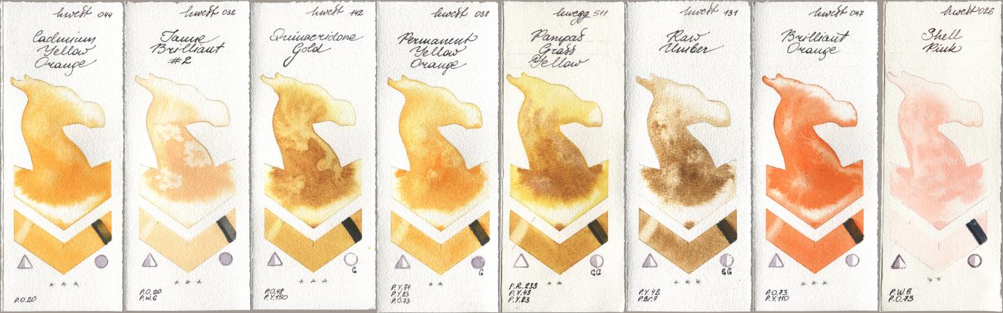 Holbein Artists Watercolor 044 Cadmium Yellow Orange, 032 Jaune Brillant No 2, 142 Quinacridone Gold, 038 Permanent Yellow Orange, 511 Pampas Grass Yellow, 131 Raw Umber, 047 Brilliant Orange, 026 Shell Pi watercolor swatch