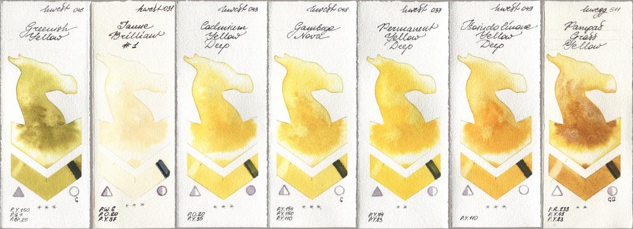 Holbein Artists Watercolor 046 Greenish Yellow, 031 Jaune Brilliant No 1, 043 Cadmium Yellow Deep, 048 Gamboge Nova, 037 Permanent Yellow Deep, 049 Isoindolinone Yellow Deep, 511 Pampas Grass Yell watercolor swatch