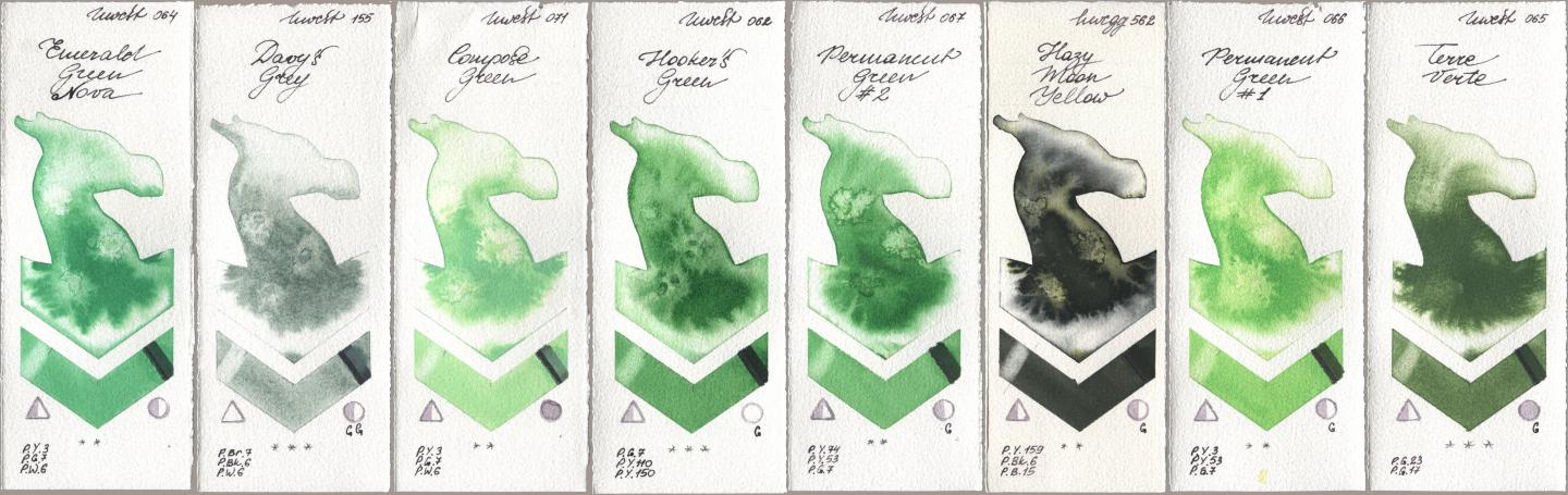 Holbein Artists Watercolor 064 Emerald Green Nova, 155 Davys Grey, 071 Compose Green, 062 Hookers Green, 067 Permanent Green No 2, 562 Hazy Moon Yellow, 066 Permanent Green No 1, 065 Terre Ver watercolor swatch