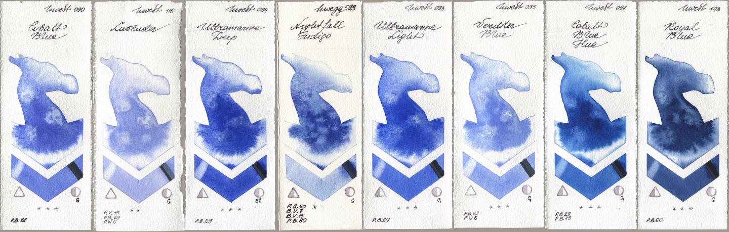 Holbein Artists Watercolor 090 Cobalt Blue, 116 Lavender, 094 Ultramarine Deep, 533 Nightfall Indigo, 093 Ultramarine Light, 095 Verditer Blue, 091 Cobalt Blue Hue, 103 Royal Bl watercolor swatch