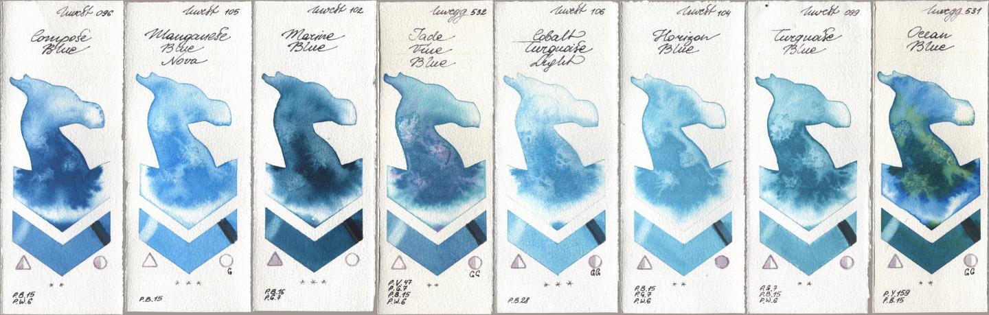 Holbein Artists Watercolor 096 Compose Blue, 105 Manganese Blue Nova, 102 Marine Blue, 532 Jade Vine Blue, 106 Cobalt Turquoise Light, 104 Horizon Blue, 099 Turquoise Blue, 531 Ocean Bl watercolor swatch
