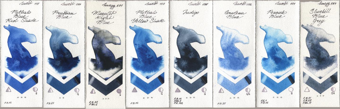 Holbein Artists Watercolor 108 Phthalo Blue Red Shade, 097 Prussian Blue, 571 Moonlit Night Blue, 107 Phthalo Blue Yellow Shade, 098 Indigo, 092 Cerulean Blue, 101 Peacock Blue, 564 Shoebill Blue Gr watercolor swatch