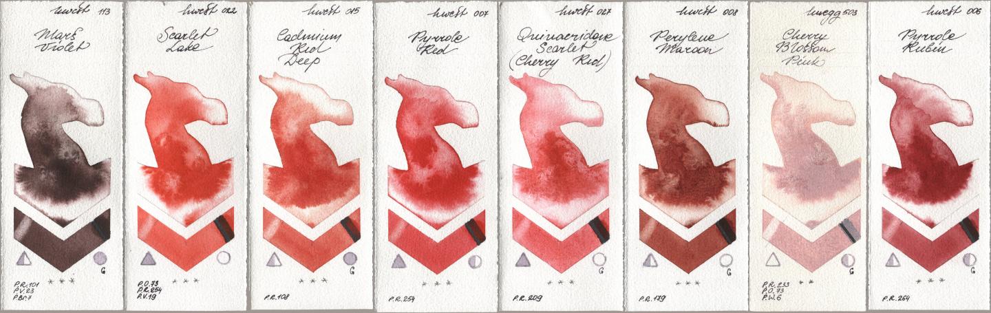Holbein Artists Watercolor 113 Mars Violet, 022 Scarlet Lake, 015 Cadmium Red Deep, 007 Pyrrole Red, 027 Quinacridone Scarlet (Cherry Red), 008 Perylene Maroon, 503 Cherry Blossom Pink, 006 Pyrrole Rub watercolor swatch