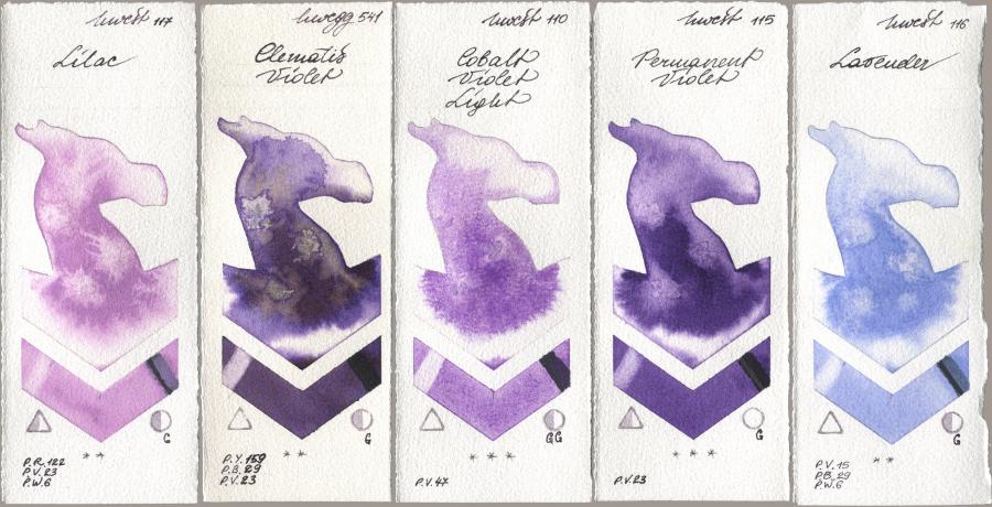 Holbein Artists Watercolor 117 Lilac, 541 Clematis Violet, 110 Cobalt Violet Light, 115 Permanent Violet, 116 Lavend watercolor swatch