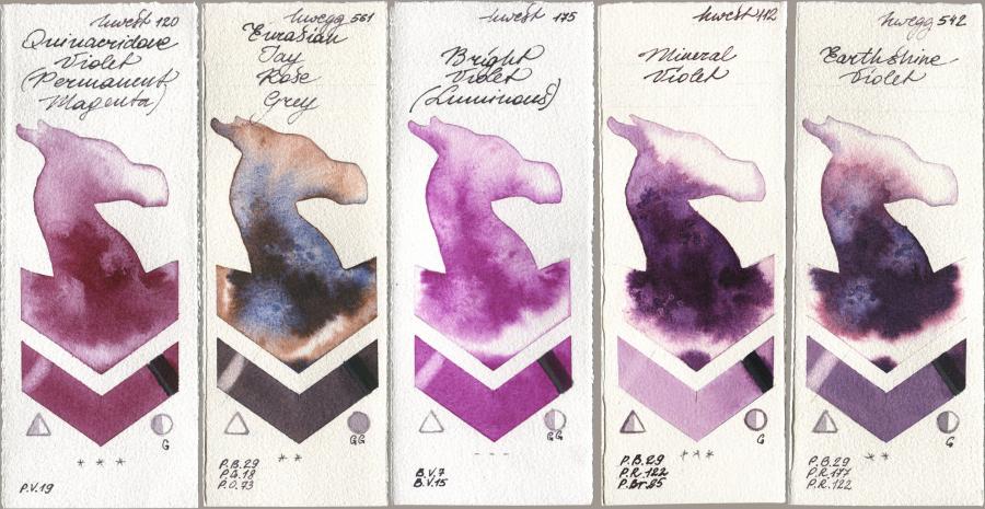 Holbein Artists Watercolor 120 Quinacridone Violet (Permanent Magenta), 561 Eurasian Jay Rose Grey, 175 Bright Violet (Luminous), 112 Mineral Violet, 542 Earthshine Viol watercolor swatch