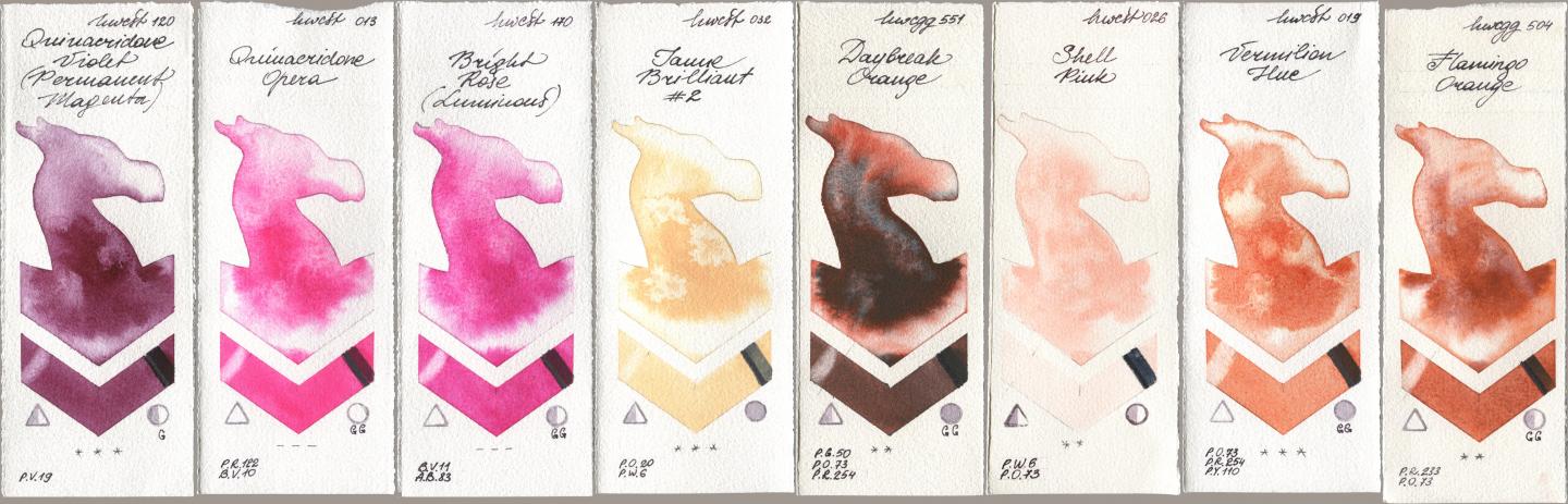 Holbein Artists Watercolor 120 Quinacridone Violet (Permanent Magenta), 013 Opera (Quinacridone Opera), 170 Bright Rose (Luminous), 032 Jaune Brillant No 2, 551 Daybreak Orange, 026 Shell Pink, 019 Vermilion Hue, 504 Flamingo Oran watercolor swatch
