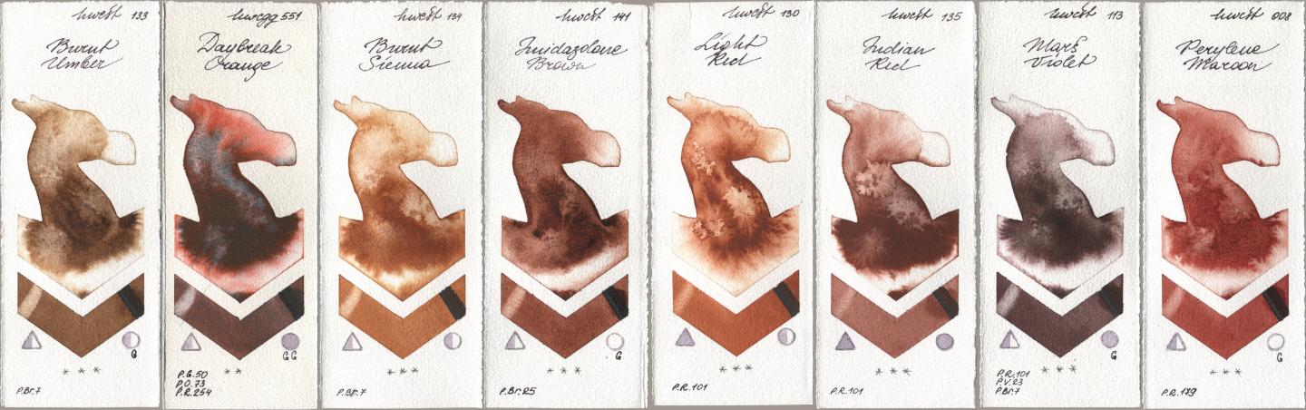 Holbein Artists Watercolor 133 Burnt Umber, 551 Daybreak Orange, 134 Burnt Sienna, 141 Imidazolone Brown, 130 Light Red, 135 Indian Red, 113 Mars Violet, 008 Perylene Maro watercolor swatch