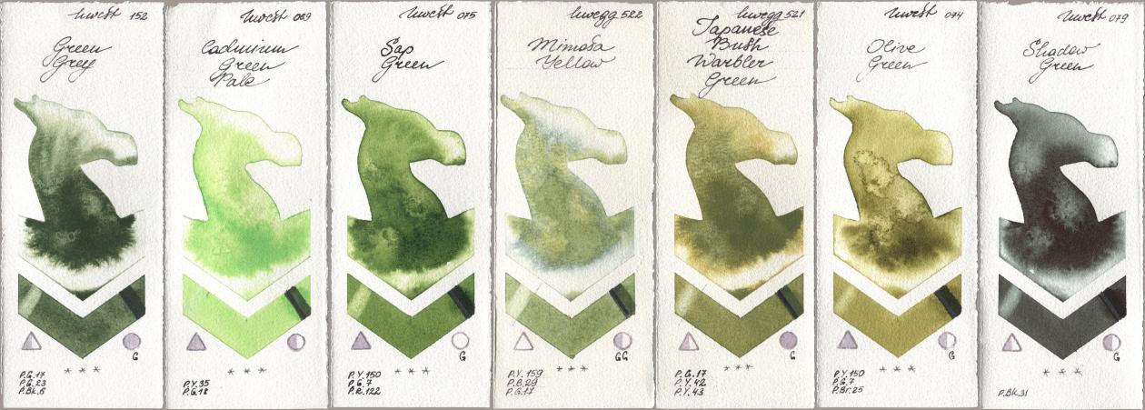 Holbein Artists Watercolor 152 Green Grey, 069 Cadmium Green Pale, 075 Sap Green, 522 Mimosa Yellow, 521 Japanese Bush Warbler Green, 074 Olive Green, 079 Shadow Gre watercolor swatch