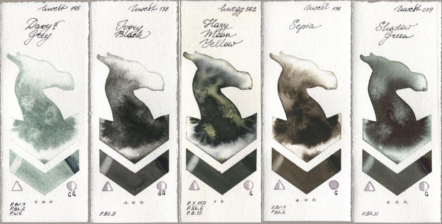 Holbein Artists Watercolor 155 Davys Grey, 138 Ivory Black, 562 Hazy Moon Yellow, 136 Sepia, 079 Shadow Gre watercolor swatch