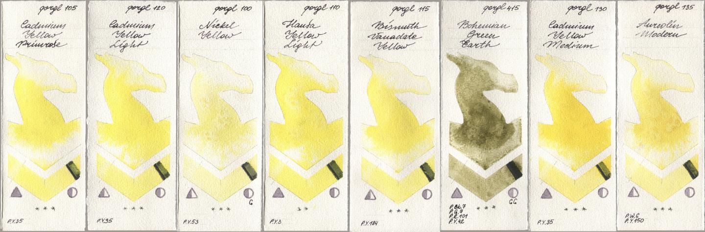Golden QOR 105 Cadmium Yellow Primrose, 120 Cadmium Yellow Light, 100 Nickel Yellow, 110 Hansa Yellow Light, 115 Bismuth Vanadate Yellow, 415 Bohemian Green Earth, 130 Cadmium Yellow Medium, 135 Aureolin Mode watercolor swatch