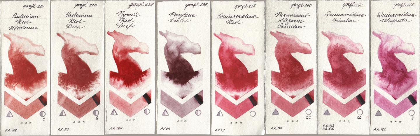 Golden QOR 215 Cadmium Red Medium, 220 Cadmium Red Deep, 225 Pyrrole Red Deep, 635 Perylene Violet, 235 Quinacridone Red, 240 Permanent Alizarin Crimson, 260 Quinacridone Crimson, 265 Quinacridone Magen watercolor swatch