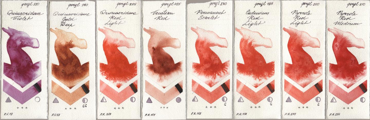 Golden QOR 280 Quinacridone Violet, 160 Quinacridone Gold Deep, 205 Quinacridone Red Light, 465 Venetian Red, 230 Permanent Scarlet, 195 Cadmium Red Light, 200 Pyrrole Red Light, 210 Pyrrole Red Medi watercolor swatch