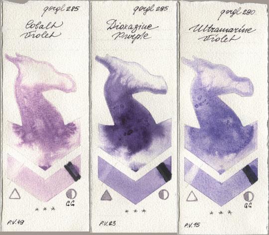 Golden QOR 285 Cobalt Violet, 295 Dioxazine Purple, 290 Ultramarine Viol watercolor swatch