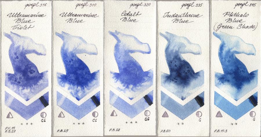 Golden QOR 316 Ultramarine Blue Violet, 310 Ultramarine Blue, 320 Cobalt Blue, 335 Indanthrone Blue, 345 Phthalo Blue (Green Shad watercolor swatch