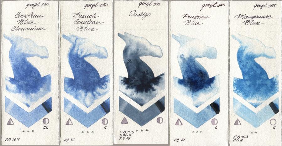 Golden QOR 330 Cerulean Blue, Chromium, 350 French Cerulean Blue, 305 Indigo, 340 Prussian Blue, 355 Manganese Bl watercolor swatch