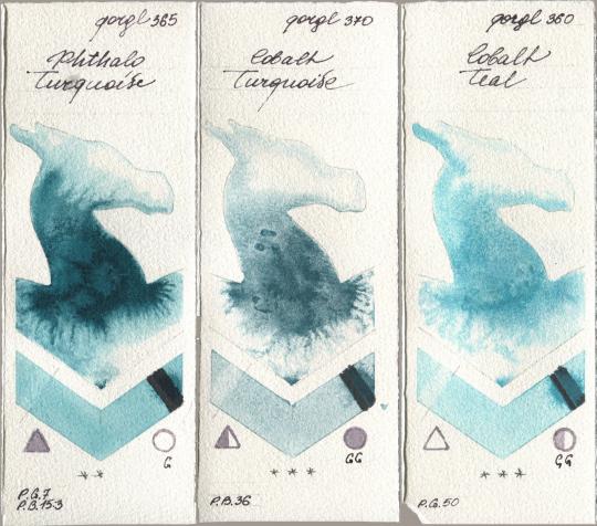 Golden QOR 365 Phthalo Turquoise, 370 Cobalt Turquoise, 360 Cobalt Te watercolor swatch