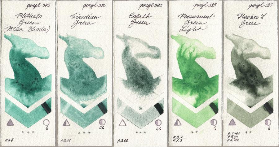 Golden QOR 375 Phthalo Green (Blue Shade), 380 Viridian Green, 390 Cobalt Green, 385 Permanent Green Light, 395 Hookers Gre watercolor swatch