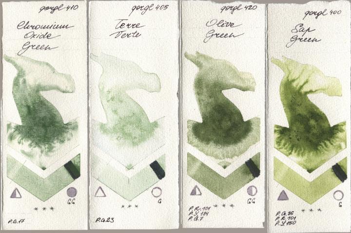 Golden QOR 410 Chromium Oxide Green, 405 Terre Verte, 420 Olive Green, 400 Sap Gre watercolor swatch