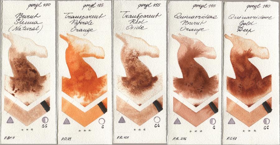 Golden QOR 470 Burnt Sienna (Natural), 185 Transparent Pyrrole Orange, 455 Transparent Red Oxide, 165 Quinacridone Burnt Orange, 160 Quinacridone Gold De watercolor swatch
