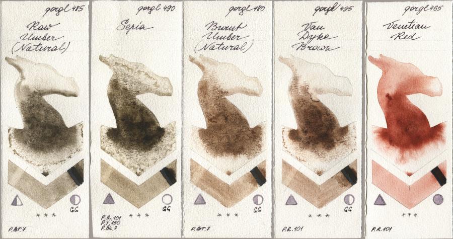 Golden QOR 485 Raw Umber (Natural), 490 Sepia, 480 Burnt Umber (Natural), 495 Van Dyke Brown, 465 Venetian R watercolor swatch