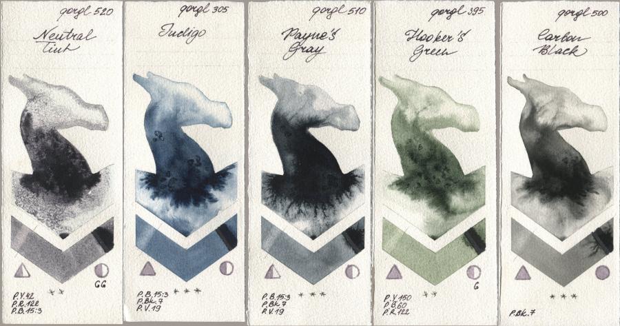 Golden QOR 520 Neutral Tint, 305 Indigo, 510 Paynes Gray, 395 Hookers Green, 500 Carbon Bla watercolor swatch
