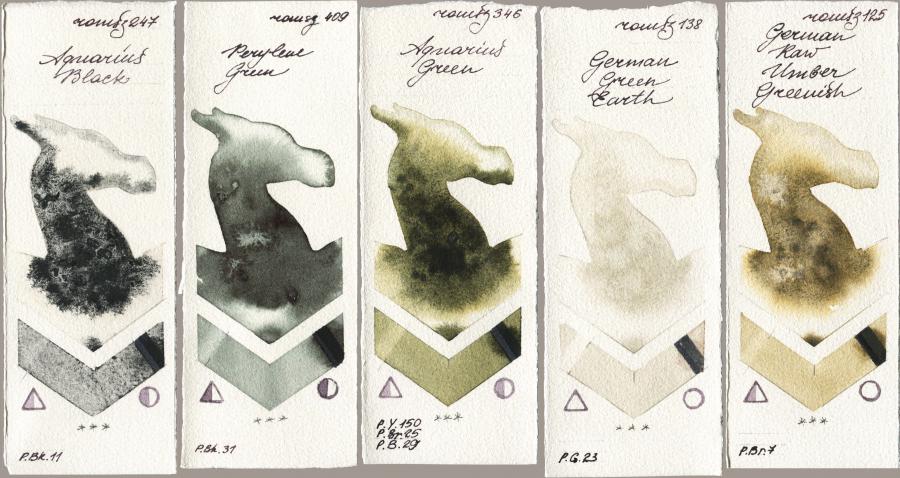 Roman Szmal Aquarius 247 Aquarius Black vs 409 Perylene Green vs 346 Aquarius Green vs 138 German Green Earth vs 125 German Raw Umber Greenish watercolor swatch
