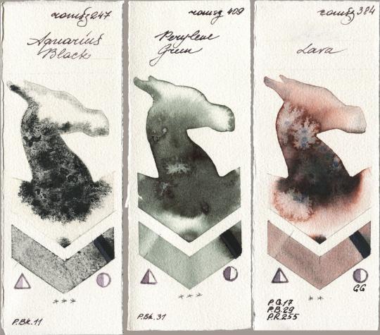Roman Szmal Aquarius 247 Aquarius Black vs 409 Perylene Green vs 384 Lava watercolor swatch