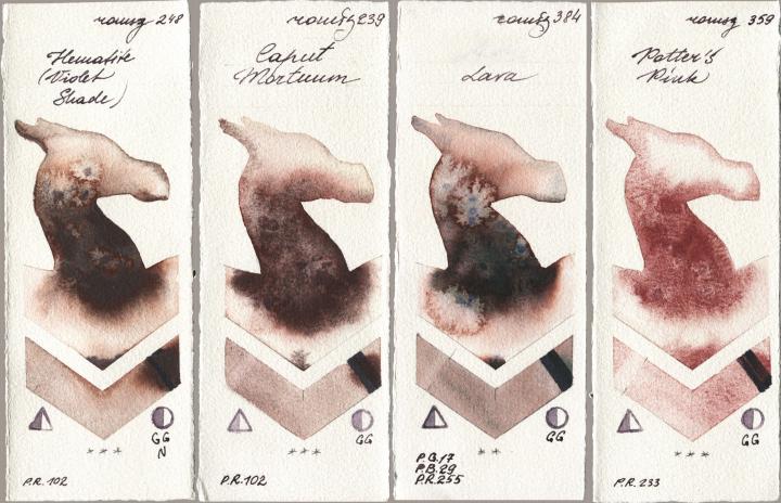 Roman Szmal Aquarius 248 Hematite (Violet Shade), 239 Caput Mortuum, 384 Lava, 359 Potters Pi watercolor swatch