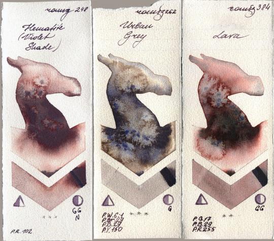 Roman Szmal Aquarius 248 Hematite (Violet Shade) vs 262 Urban Grey vs 384 Lava watercolor swatch