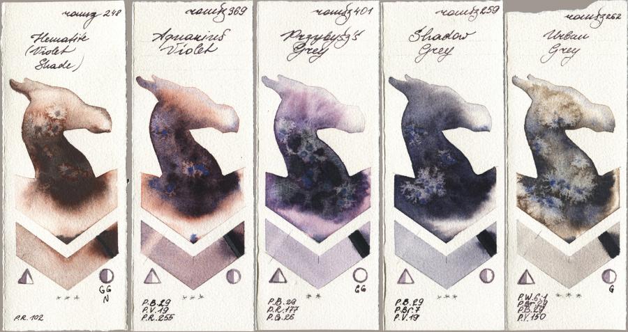 Roman Szmal Aquarius 248 Hematite (Violet Shade) vs 369 Aquarius Violet vs 401 Przybyszs Grey vs 259 Shadow Grey vs 262 Urban Grey watercolor swatch