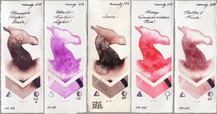 Roman Szmal Aquarius 248 Hematite (Violet Shade) vs 403 Cobalt Violet Light vs 384 Lava vs 329 Cherry Quinacridone Red vs 359 Potters Pink watercolor swatch