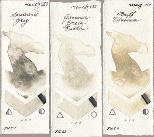 Roman Szmal Aquarius 253 Aquarius Grey vs 138 German Green Earth vs 201 Buff Titanium watercolor swatch