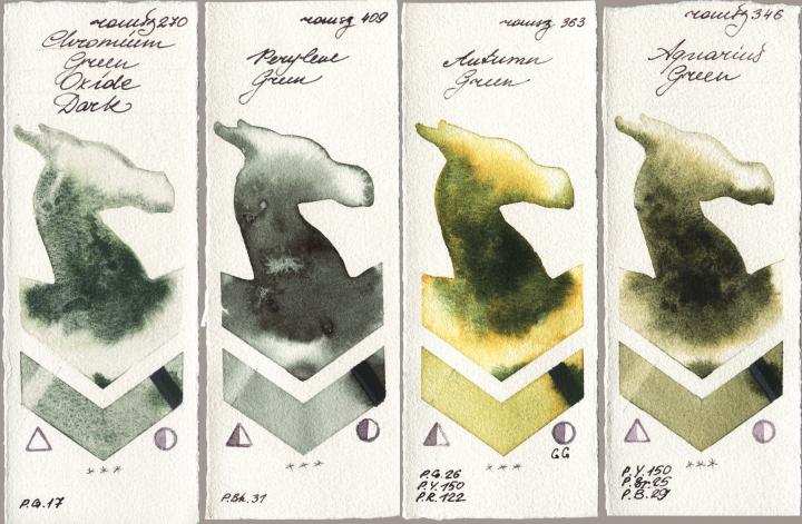 Roman Szmal Aquarius 270 Chromium Green Oxide Dark vs 409 Perylene Green vs 363 Autumn Green vs 346 Aquarius Green watercolor swatch