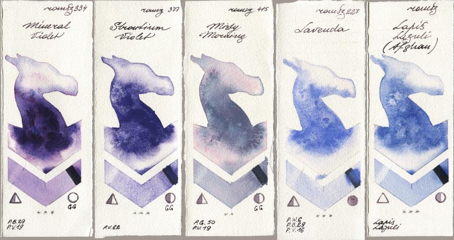 Roman Szmal Aquarius 334 Mineral Violet vs 377 Strontium Violet vs 415 Misty Morning vs 227 Lavenda vs 999 Lapis Lazuli Afghan watercolor swatch