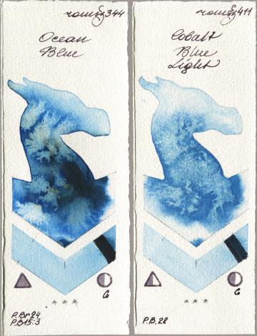 Roman Szmal Aquarius 344 Ocean Blue vs 411 Cobalt Blue Light watercolor swatch