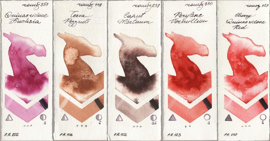 Roman Szmal Aquarius 358 Quinacridone Fuchsia, 119 Terra Pozzuoli, 239 Caput Mortuum, 370 Perylene Vermillion, 329 Cherry Quinacridone R watercolor swatch