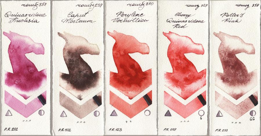 Roman Szmal Aquarius 358 Quinacridone Fuchsia vs 239 Caput Mortuum vs 370 Perylene Vermillion vs 329 Cherry Quinacridone Red vs 359 Potters Pink watercolor swatch