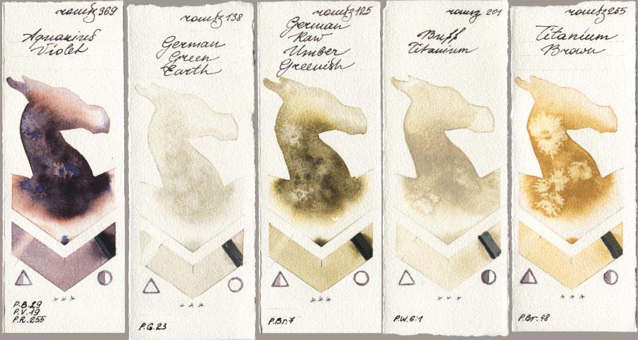 Roman Szmal Aquarius 369 Aquarius Violet vs 138 German Green Earth vs 125 German Raw Umber Greenish vs 201 Buff Titanium vs 265 Titanium Brown watercolor swatch