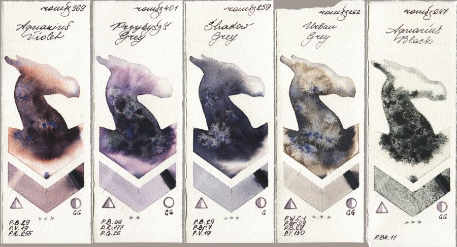 Roman Szmal Aquarius 369 Aquarius Violet, 401 Przybyszs Grey, 259 Shadow Grey, 262 Urban Grey, 247 Aquarius Bla watercolor swatch