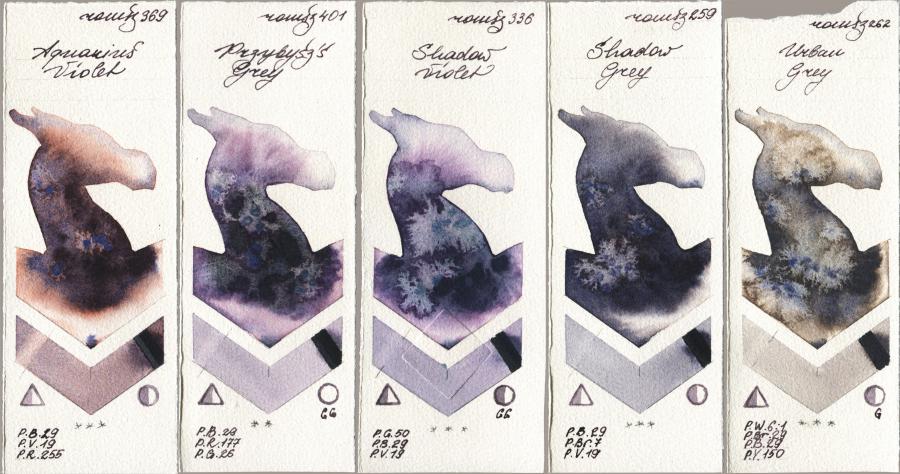 Roman Szmal Aquarius 369 Aquarius Violet vs 401 Przybyszs Grey vs 336 Shadow Violet vs 259 Shadow Grey vs 262 Urban Grey watercolor swatch