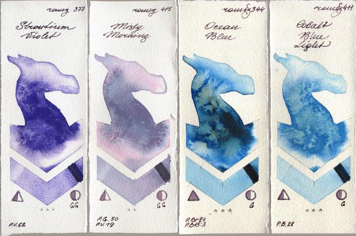 Roman Szmal Aquarius 377 Strontium Violet vs 415 Misty Morning vs 344 Ocean Blue vs 411 Cobalt Blue Light watercolor swatch