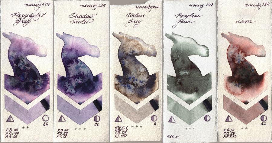 Roman Szmal Aquarius 401 Przybyszs Grey vs 336 Shadow Violet vs 262 Urban Grey vs 409 Perylene Green vs 384 Lava watercolor swatch