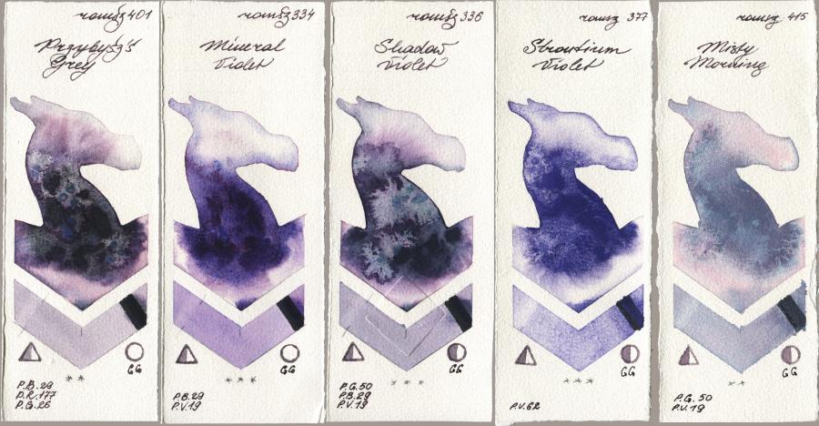 Roman Szmal Aquarius 401 Przybyszs Grey vs 334 Mineral Violet vs 336 Shadow Violet vs 377 Strontium Violet vs 415 Misty Morning watercolor swatch