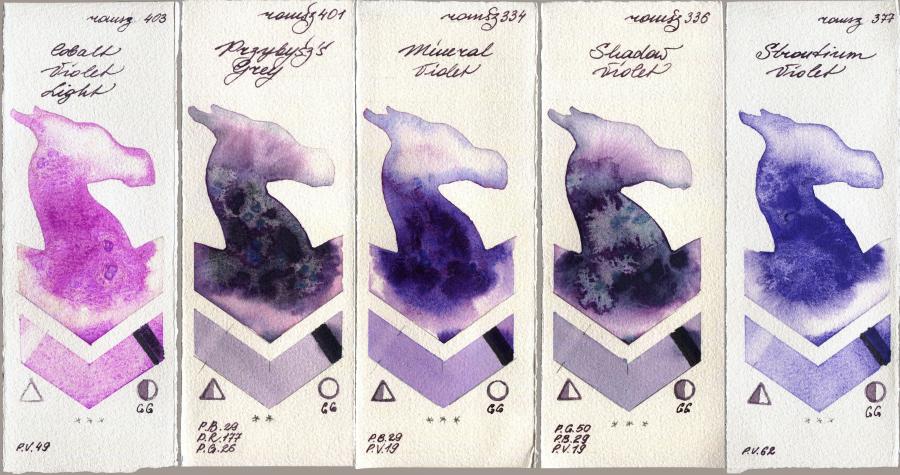 Roman Szmal Aquarius 403 Cobalt Violet Light vs 401 Przybyszs Grey vs 334 Mineral Violet vs 336 Shadow Violet vs 377 Strontium Violet watercolor swatch
