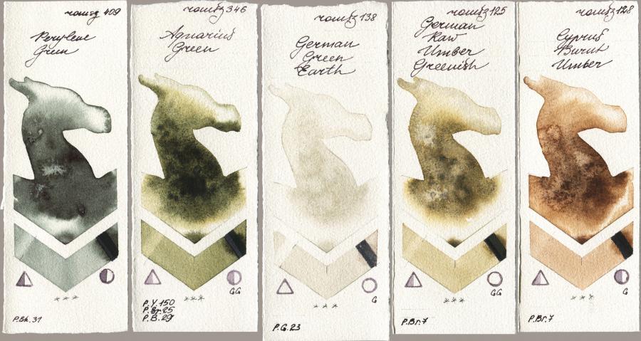 Roman Szmal Aquarius 409 Perylene Green, 346 Aquarius Green, 138 German Green Earth, 125 German Raw Umber Greenish, 128 Cyprus Burnt Umb watercolor swatch