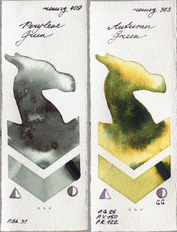Roman Szmal Aquarius 409 Perylene Green vs 363 Autumn Green watercolor swatch
