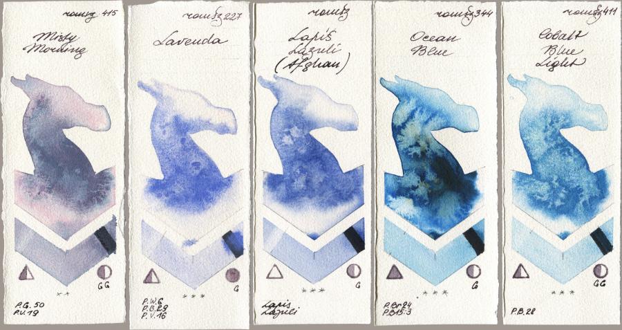Roman Szmal Aquarius 415 Misty Morning, 227 Lavenda, 999 Lapis Lazuli Afghan, 344 Ocean Blue, 411 Cobalt Blue Lig watercolor swatch