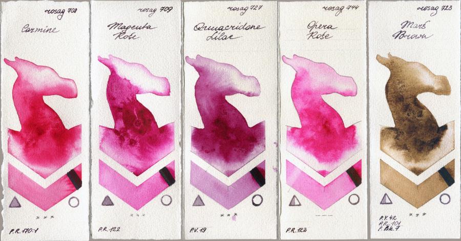 Rosa Gallery 708 Carmine vs 709 Magenta Rose vs 727 Quinacridone Lilac vs 744 Opera Rose vs 723 Mars Brown watercolor swatch
